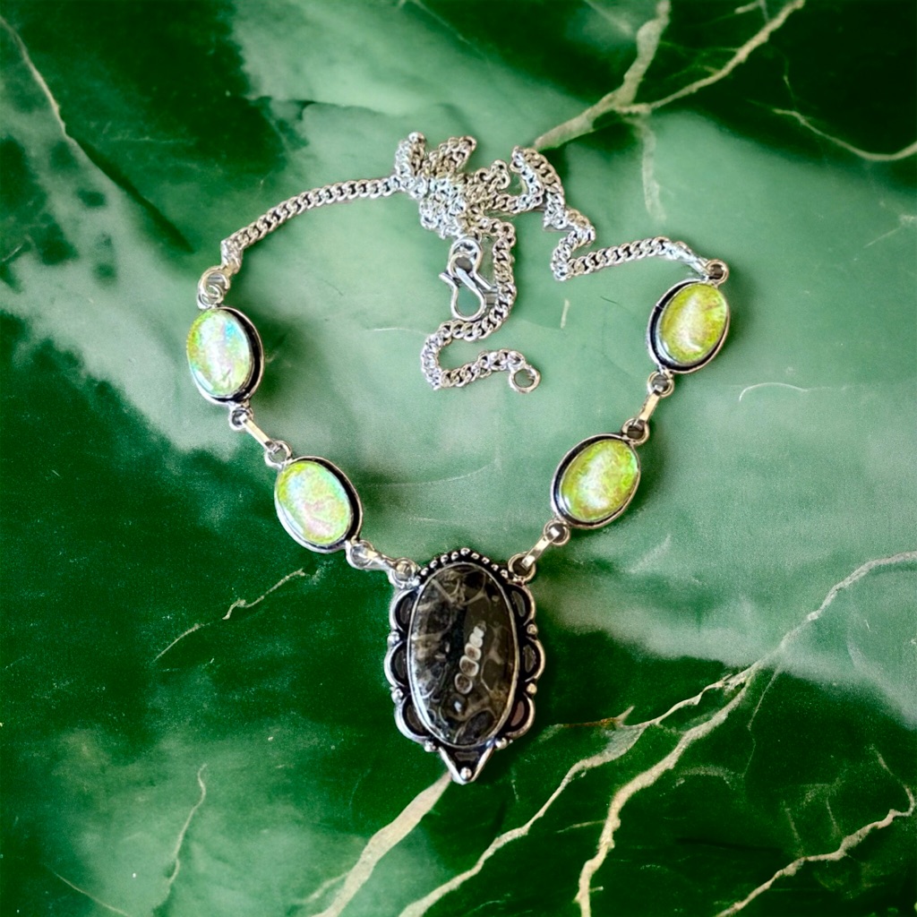 Turtella Jasper Triplet Opal Handmade Statement Necklace 925 Silver Overlay 56$